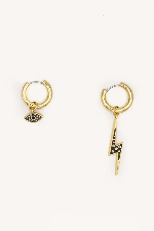 Evil Eye & Lightning Bolt Mismatched Huggie Hoops sold by Rebecca Minkoff