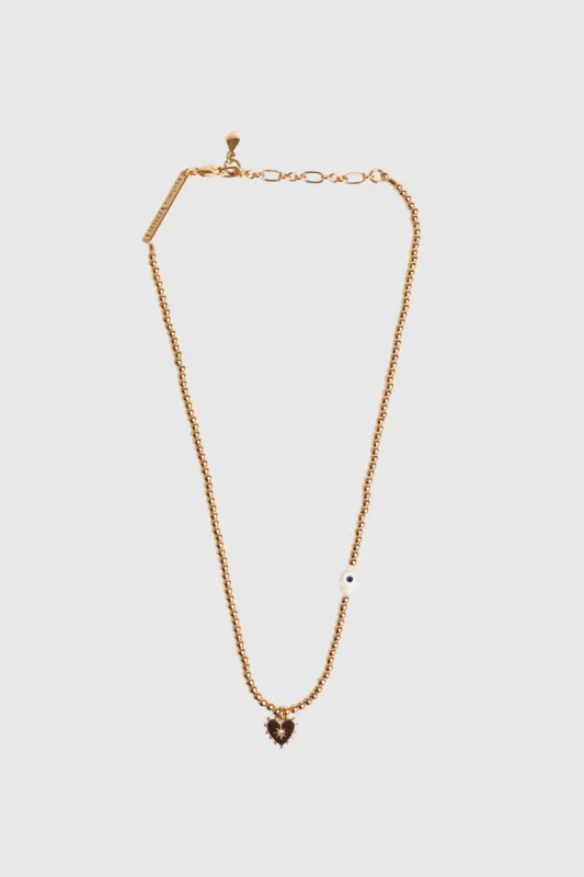 Gold Beaded Necklace With Studded Heart & Evil Eye sold by Rebecca Minkoff
