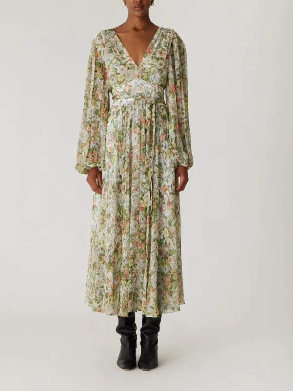 Floral All Over On Viscose Chiffon Blouson Sleeve Midi Dress sold by Rebecca Taylor