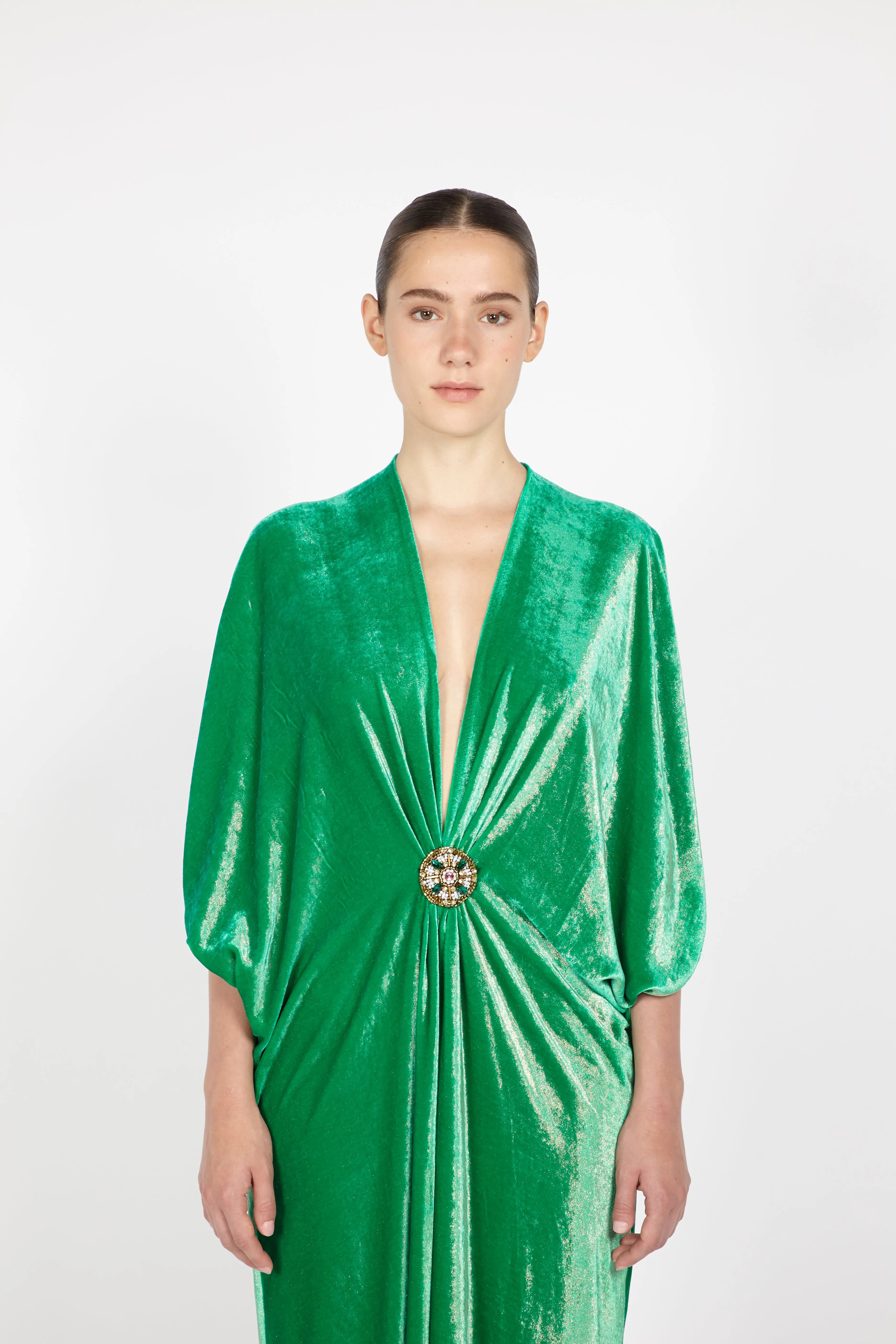 V-NECK MIDI VELVET KAFTAN W/ EMBROIDERED DETAIL sold by Reem Acra product image thumbnail 2