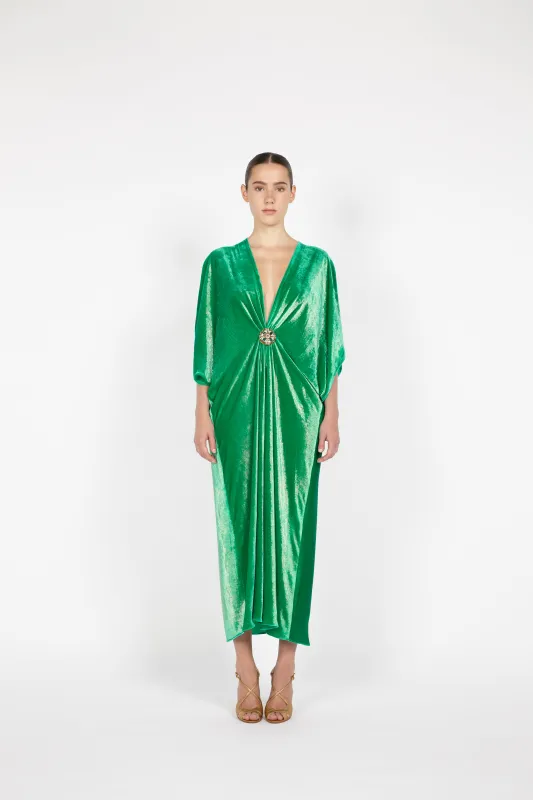 V-NECK MIDI VELVET KAFTAN W/ EMBROIDERED DETAIL made by Reem Acra
