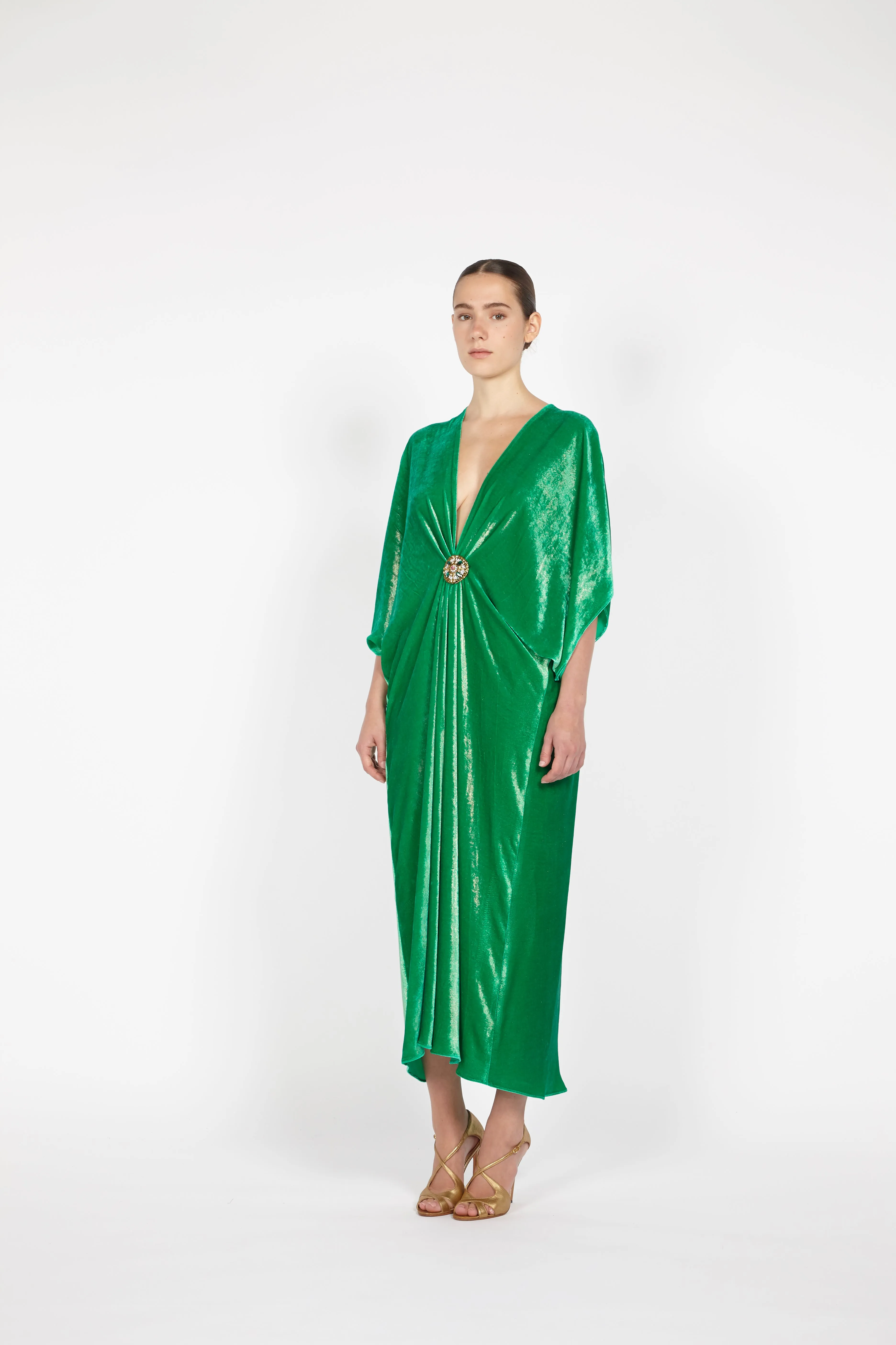 V-NECK MIDI VELVET KAFTAN W/ EMBROIDERED DETAIL sold by Reem Acra product image thumbnail 3