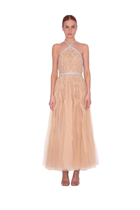 HALTER NECK TULLE MIDI GOWN W/ BEADED DETAIL sold by Reem Acra