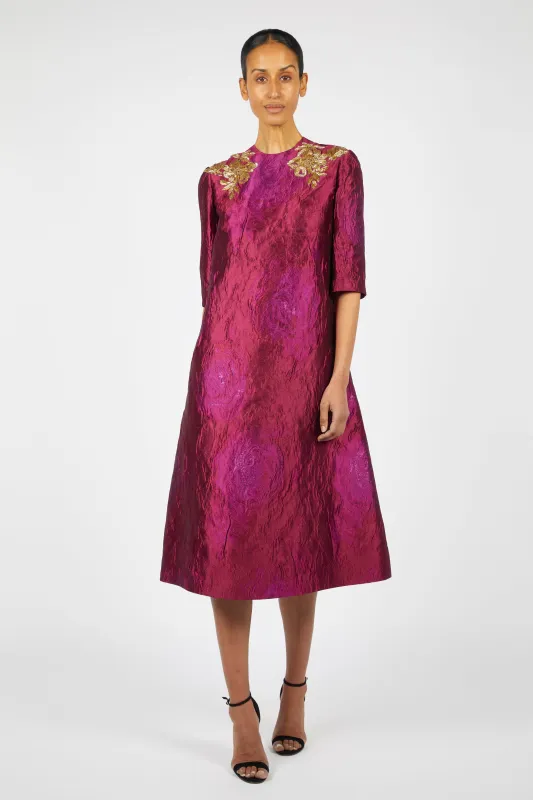 JEWEL NECK DRESS W/ SHOULDER EMBROIDERY made by Reem Acra