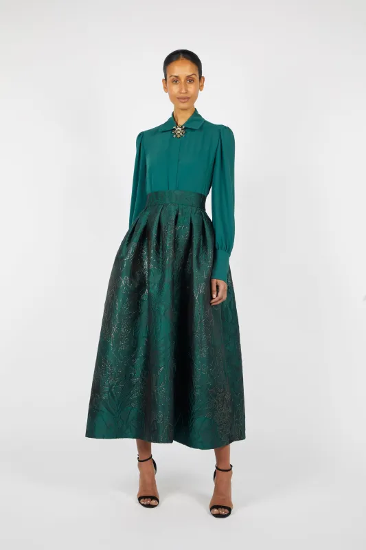 CLOQUE BROCADE PLEATED A-LINE SKIRT WITH BISHOP SLEEVE BLOUSE made by Reem Acra