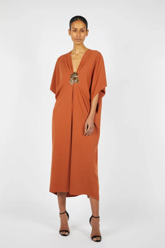 MIDI CREPE KAFTAN W/ GOLD EMBROIDERY DETAIL made by Reem Acra