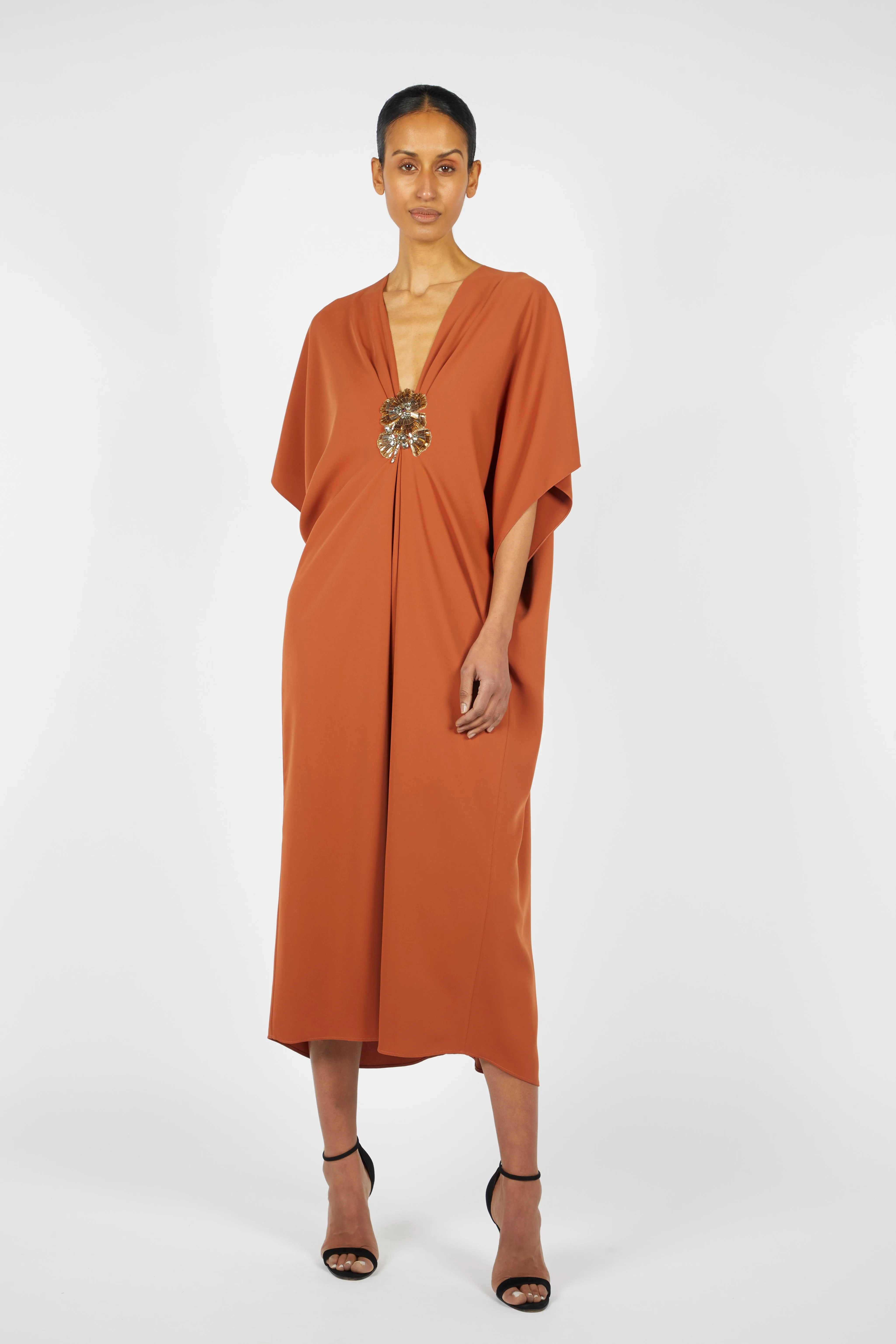 MIDI CREPE KAFTAN W/ GOLD EMBROIDERY DETAIL sold by Reem Acra