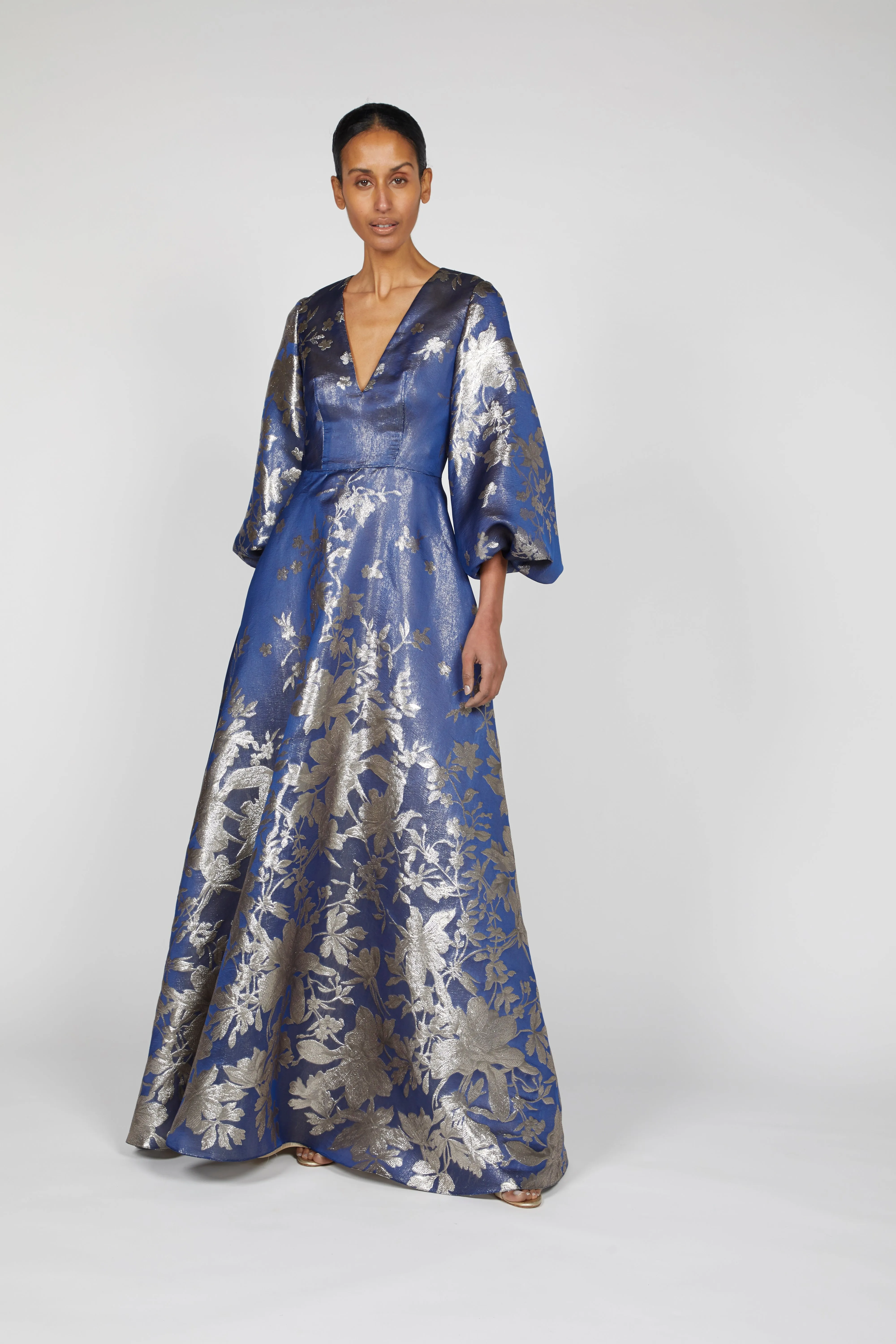 V-NECK BISHOP SLEEVE JACQUARD DRESS sold by Reem Acra