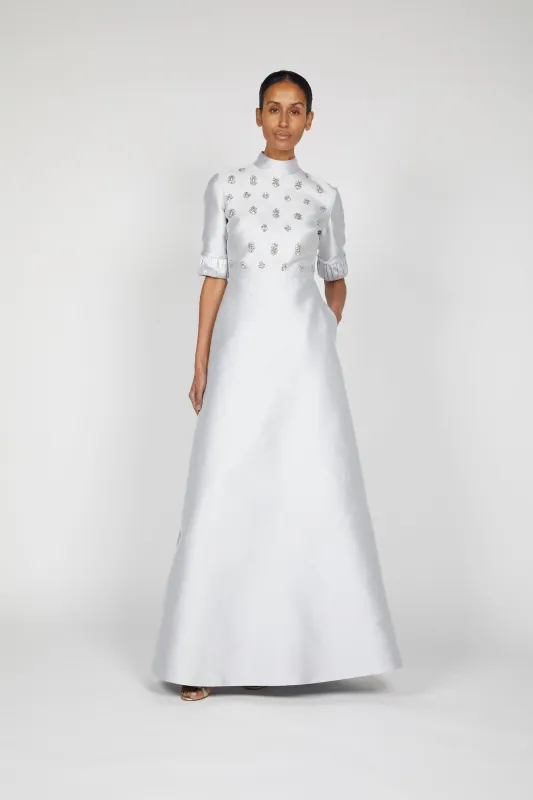 SHIRRED SHORT SLEEVE TEXTURED MIKADO DRESS WITH EMBROIDERED BODICE sold by Reem Acra