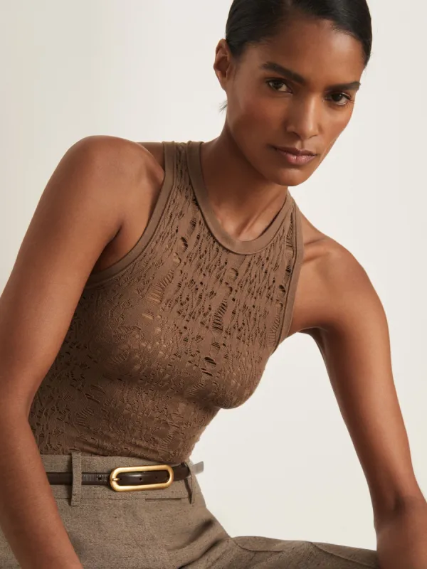Atelier Lace-Knit High-Neck Bodysuit in Taupe made by Reiss