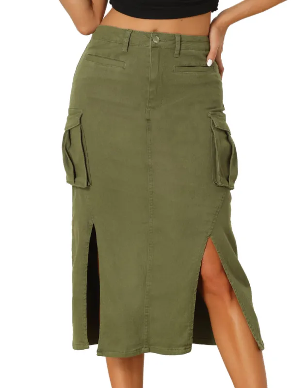 Allegra K- Cargo Split Hem Denim Midi Skirt sold by Reitmans