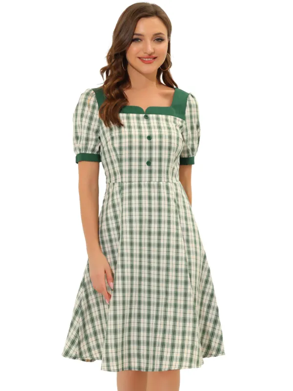 Allegra K- Plaid Square Neck Tie Back Contrast Short Sleeve Dress sold by Reitmans