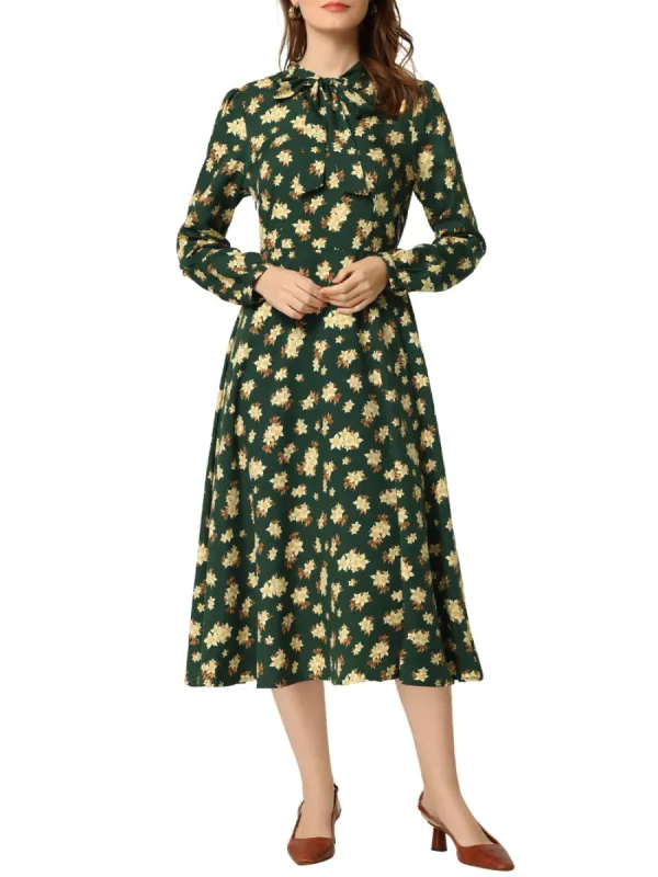 Allegra K- Floral Belted Bow Tie Neck Long Sleeve Midi Dress made by Reitmans