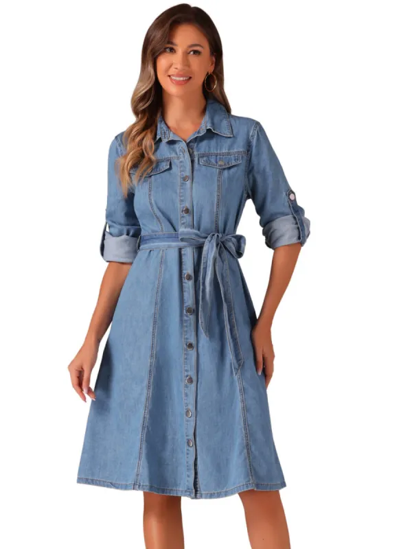 Allegra K - Long Sleeve Button Down Belted Denim Dress sold by Reitmans