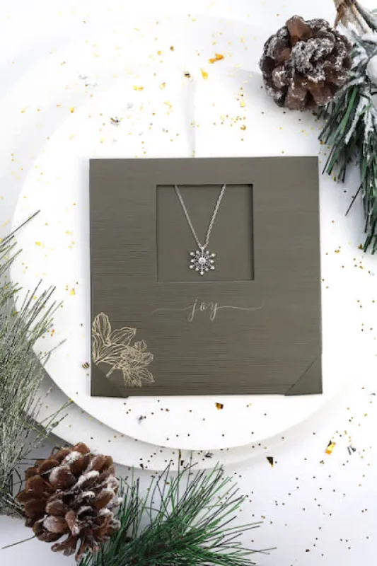 Holiday Gift Evenlope with Clear Crystal Ornate Snowflake Pendant Necklace - callura sold by Reitmans