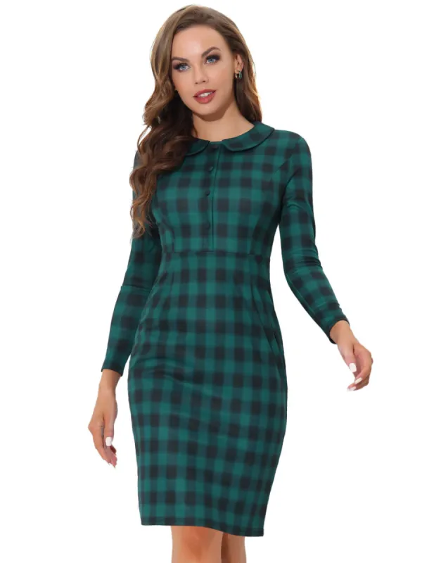 Allegra K- Peter Pan Collar Long Sleeve Gingham Bodycon Pencil Sheath Dress sold by Reitmans