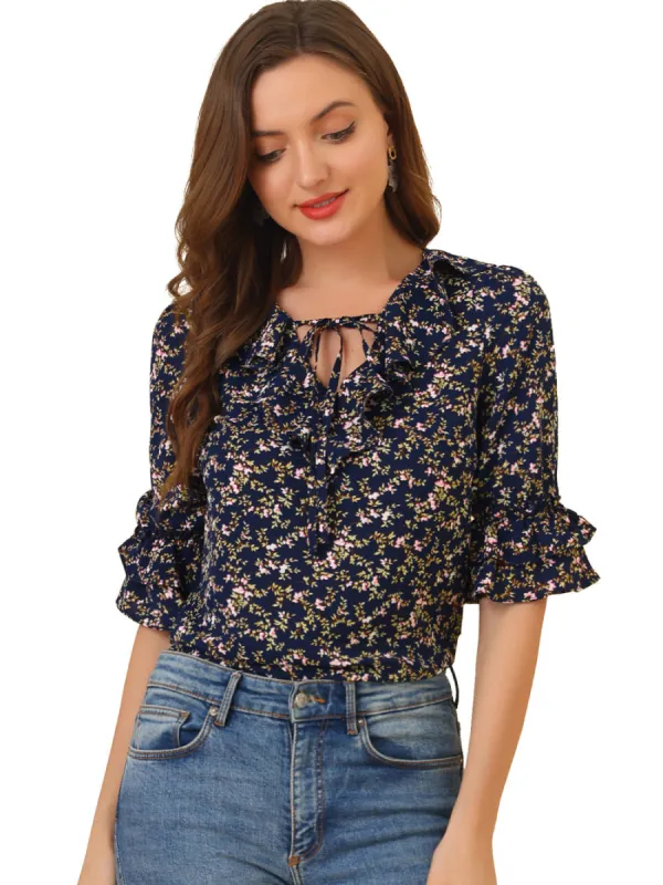 Allegra K - Tie Neck Elbow Sleeve Floral Chiffon Blouse sold by Reitmans