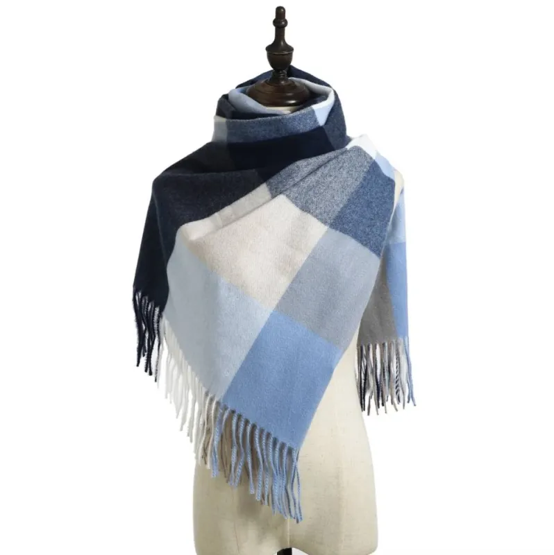 Plaid Fringe Scarf in Blue and Ivory - Don't AsK sold by Reitmans