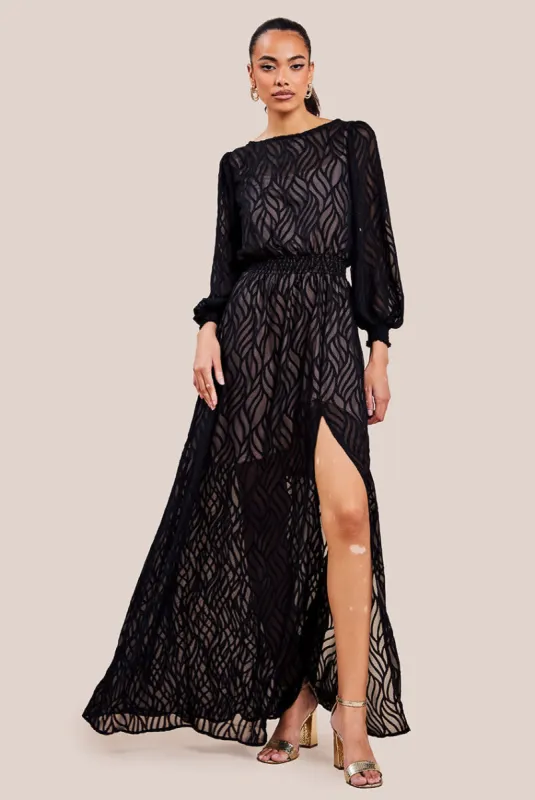 Goddiva - Chiffon Geo Wave Front Split Maxi Dress sold by Reitmans