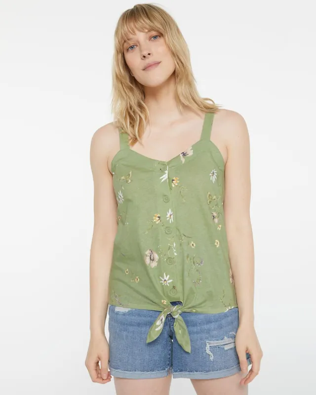 Cotton-Linen Blend Printed Tank with Front Tie sold by Reitmans