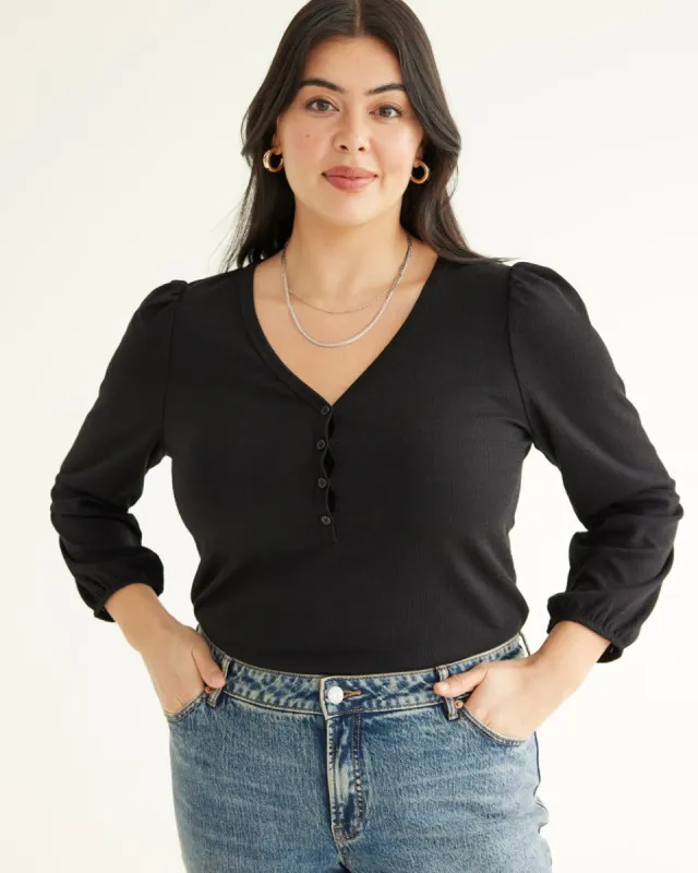 Long-Sleeve V-Neck Top with Buttoned Placket sold by Reitmans