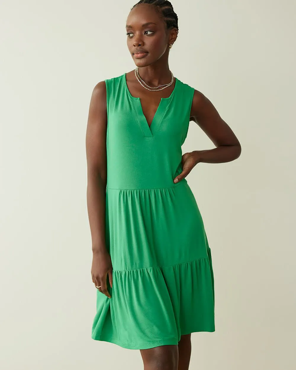 Sleeveless Split-Neck Tiered Dress sold by Reitmans