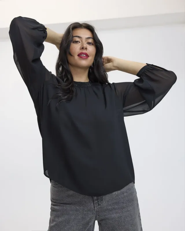 Long-Volume-Sleeve Mock-Neck Blouse sold by Reitmans