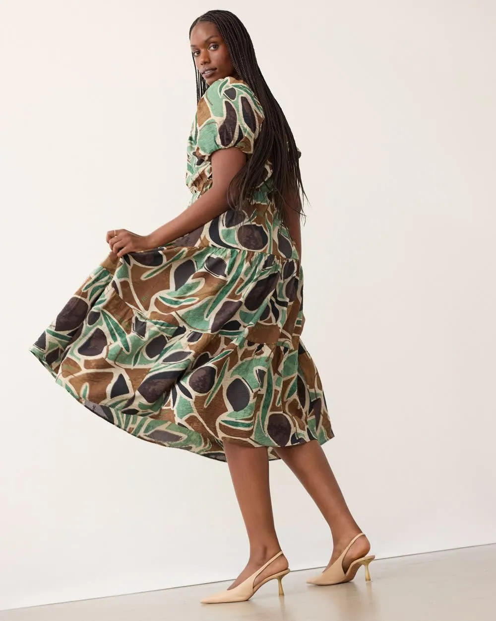 Short-Puffy-Sleeve Tiered Midi Dress sold by Reitmans