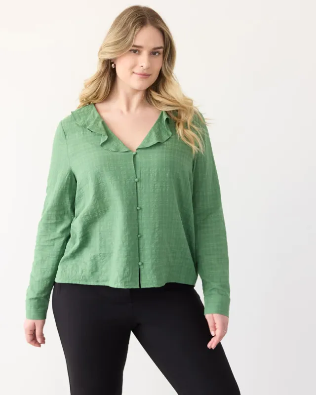Long-Sleeve V-Neck Blouse with Ruffles sold by Reitmans