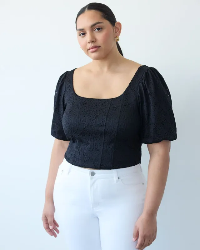 Lace Bustier Top with Balloon Elbow Sleeves sold by Reitmans