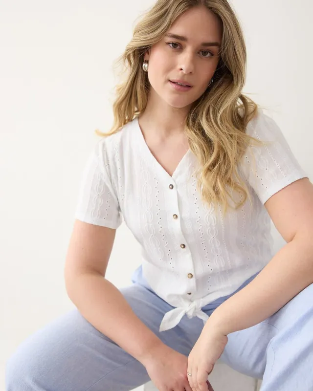 Short-Flutter-Sleeve Buttoned-Down Tee with Self-Tie at Hem sold by Reitmans