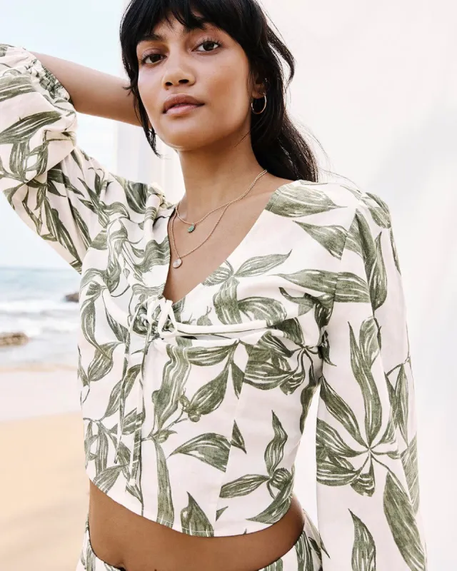 3/4-Sleeve V-Neck Linen Blouse with Smocked Back sold by Reitmans