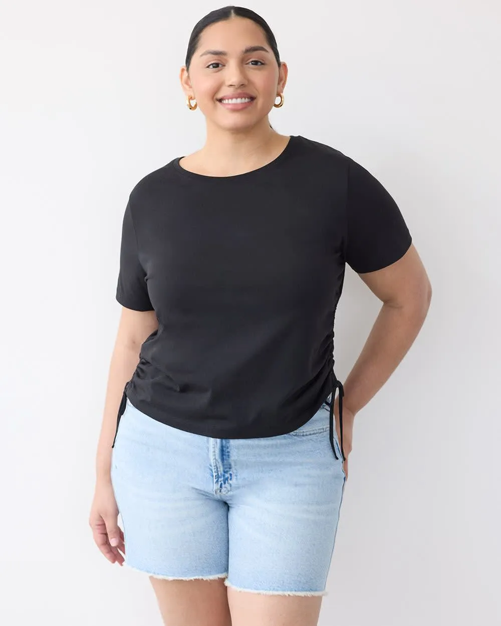 Short-Sleeve Shirred Tee with Drawstrings at Sides sold by Reitmans