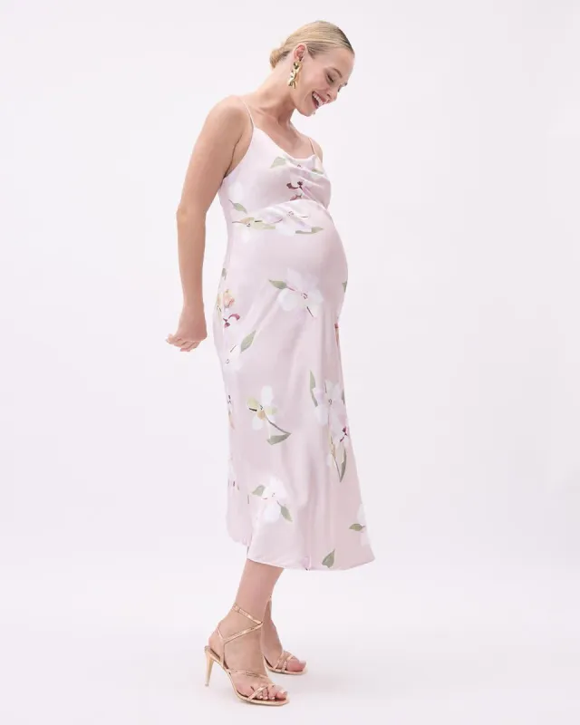 Sleeveless Satin Midi Dress with Floral Print - Thyme Maternity sold by Reitmans