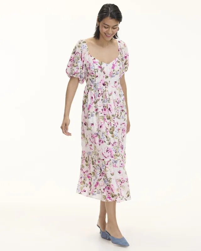 Short-Puffy-Sleeve Tiered Midi Dress with Sweetheart Neckline sold by Reitmans