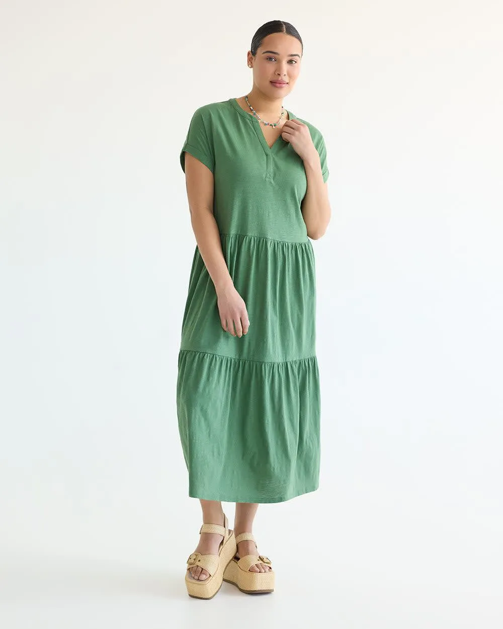 Short-Sleeve Tiered Midi Dress with Split Neckline sold by Reitmans