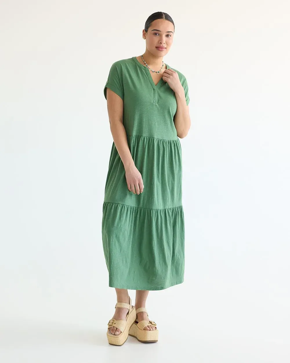 Short-Sleeve Tiered Midi Dress with Split Neckline sold by Reitmans product image thumbnail 5