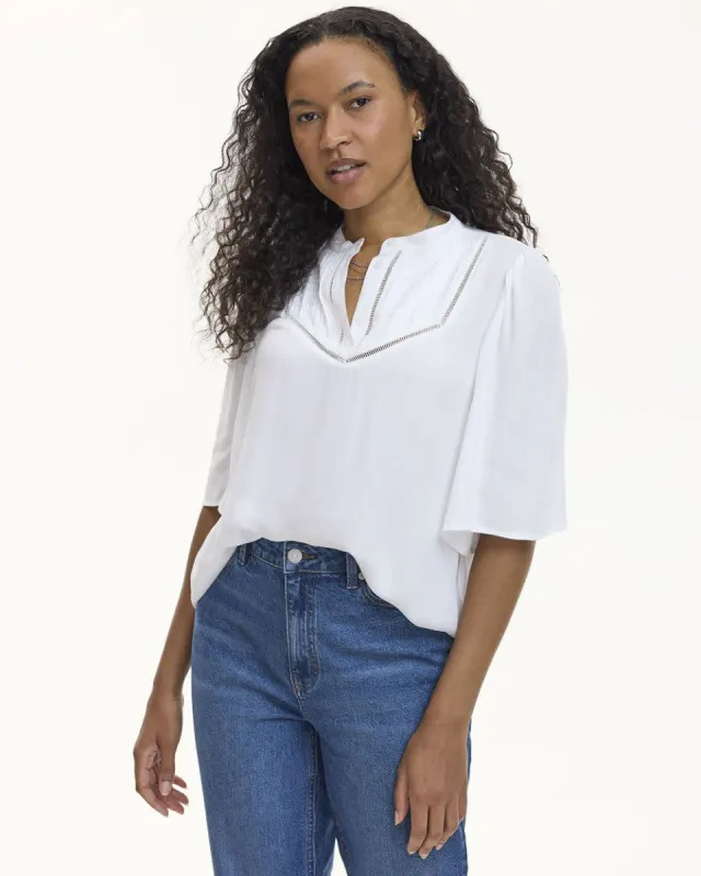 Short-Sleeve Loose Blouse with Pintuck and Fagoted Details sold by Reitmans