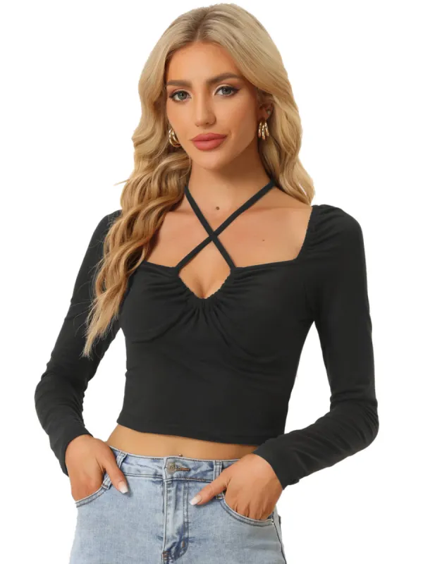 Allegra K - Cross Halter Neck Long Sleeve Crop Top sold by Reitmans