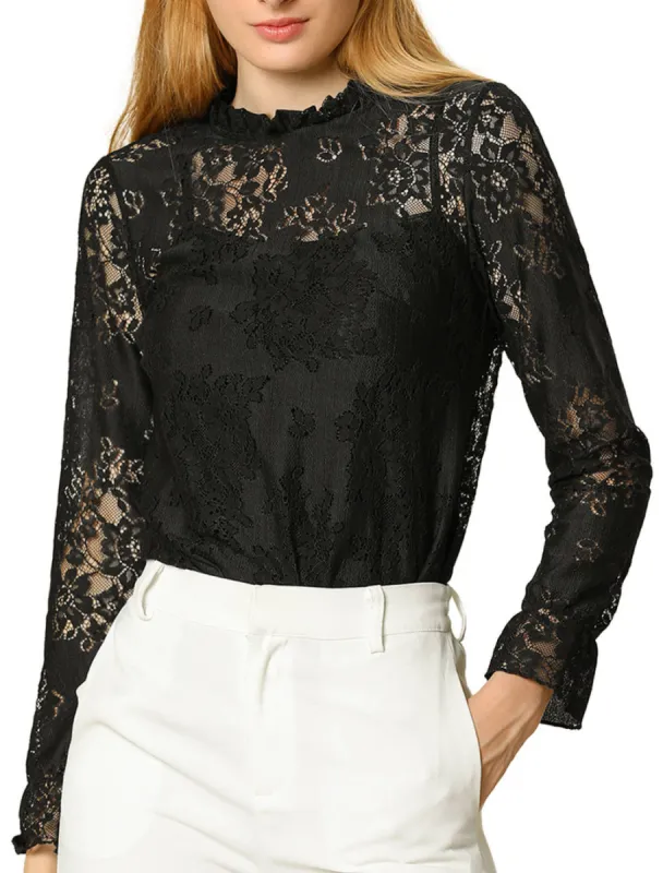 Allegra K- Crochet Lace Floral Ruffle Neck Blouse sold by Reitmans