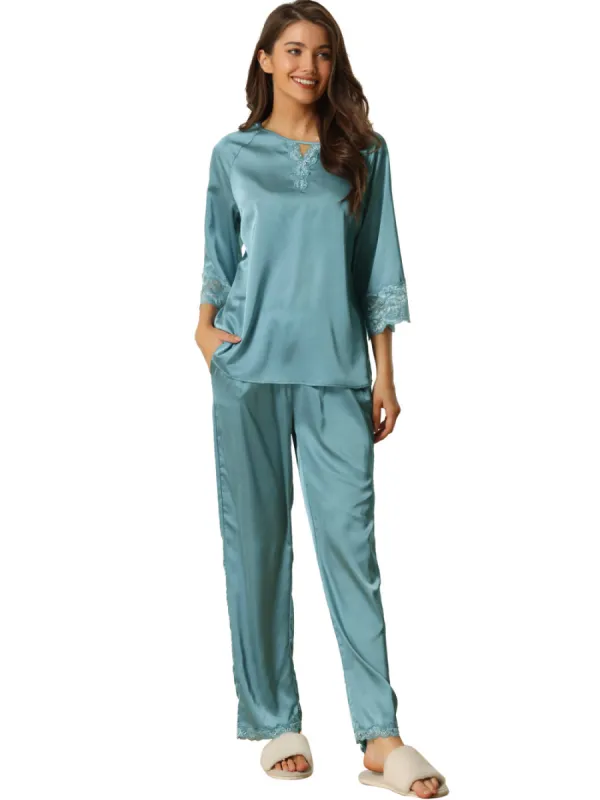 cheibear - Lace 3/4 Sleeves Lounge with Pants Pajama Set sold by Reitmans