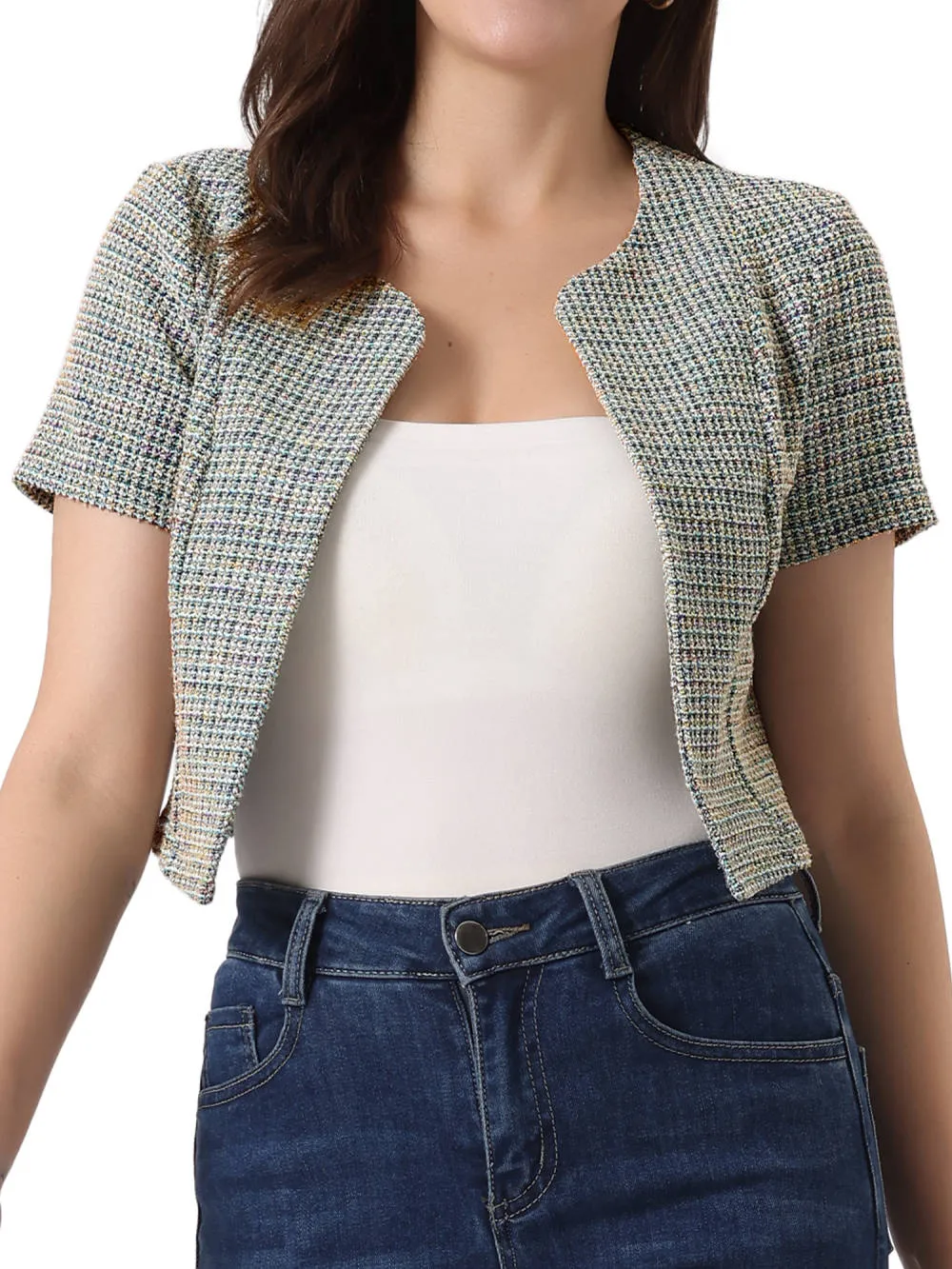 Allegra K- Short Sleeve Crop Tweed Cardigan sold by Reitmans