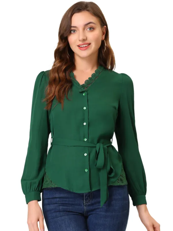 Allegra K - Lace Trim Tie Waist Long Sleeve Blouse sold by Reitmans