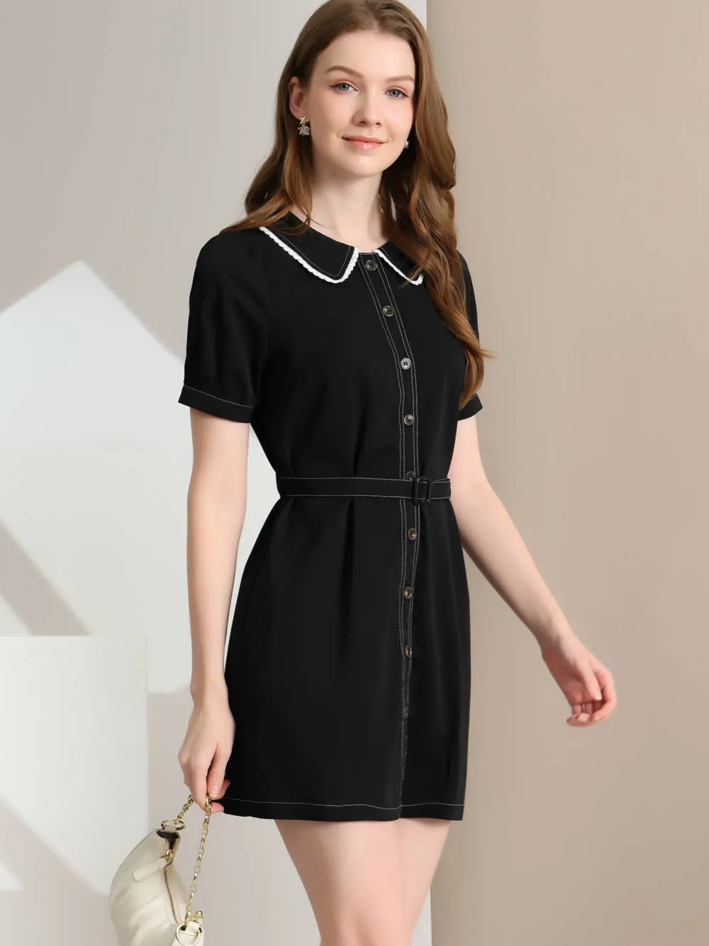 Allegra K- Peter Pan Collar Contrast Tie Belt Shirt Dress sold by Reitmans product image thumbnail 2