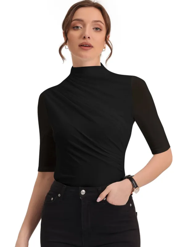 Allegra K- Mock Neck Stretch Slim Fit Sheer Mesh Ruched Top sold by Reitmans