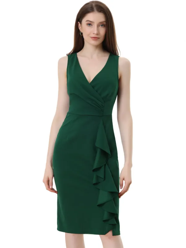 Allegra K- Sleeveless Faux Wrap V Neck Sheath Pencil Midi Dress made by Reitmans