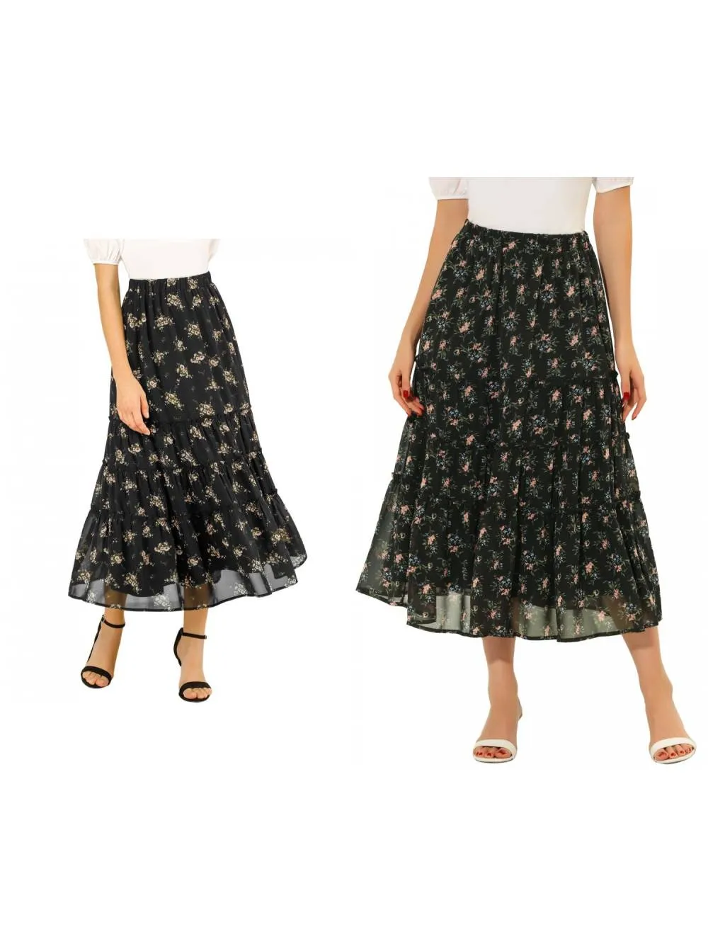 Allegra K- Floral Tiered Chiffon Skirt Pack, Black Combo 2 sold by Reitmans