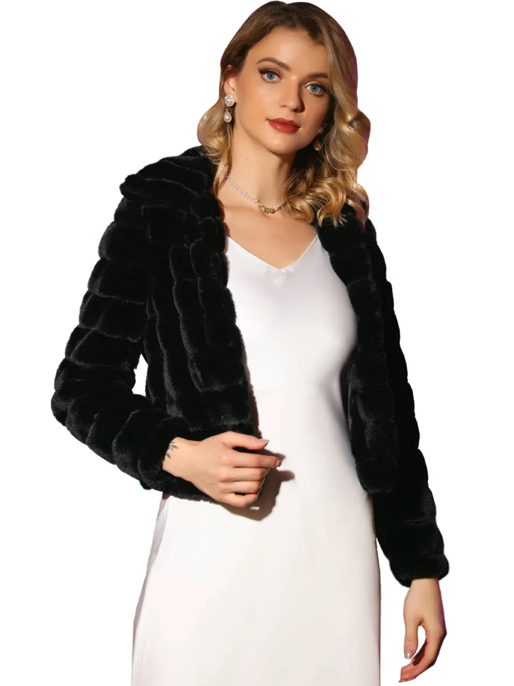 Allegra K- Faux Fur Fluffy Coat Collar Cropped Jacket sold by Reitmans