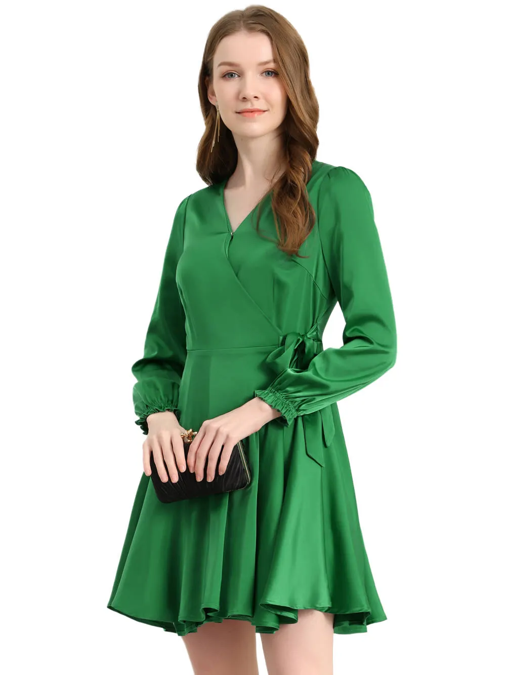 Allegra K- Satin V Neck Tie Waist Ruffle Hem Mini Dress sold by Reitmans