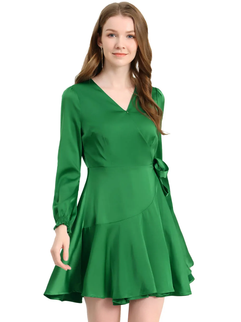 Allegra K- Satin V Neck Tie Waist Ruffle Hem Mini Dress sold by Reitmans product image thumbnail 2